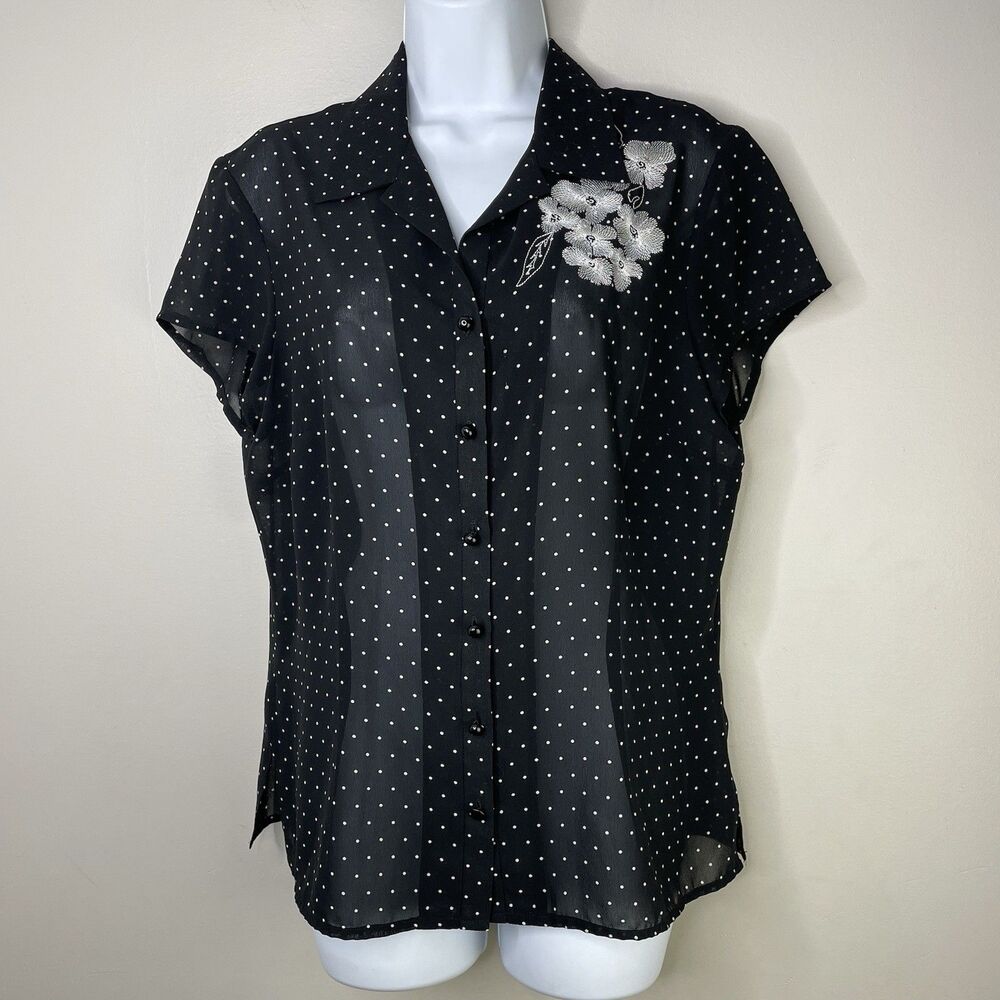 Nine & Company Blouse Women's Size 12 Polka Dot Black White Embroidered  Y2k